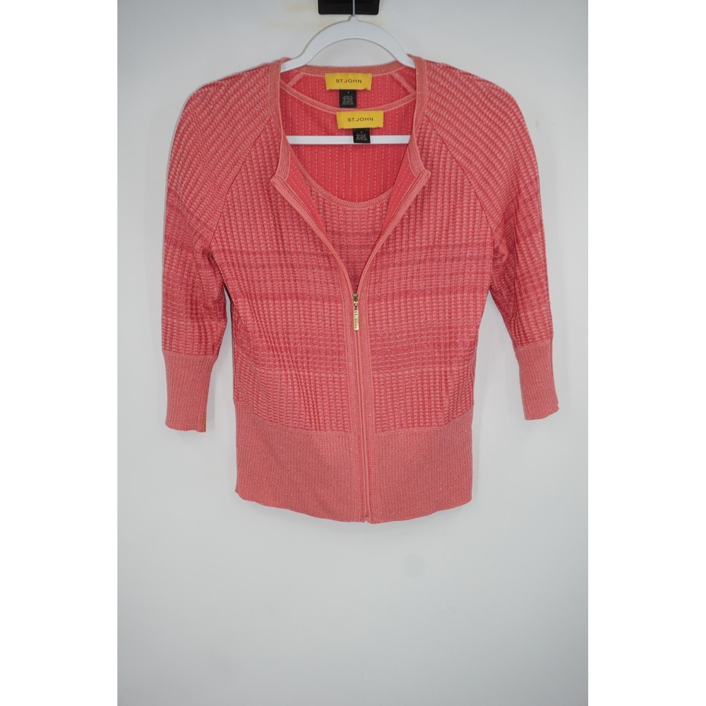 St John Sweater Set Womens P Pink Metallic Knit Zip Cardigan Shell Tank Top